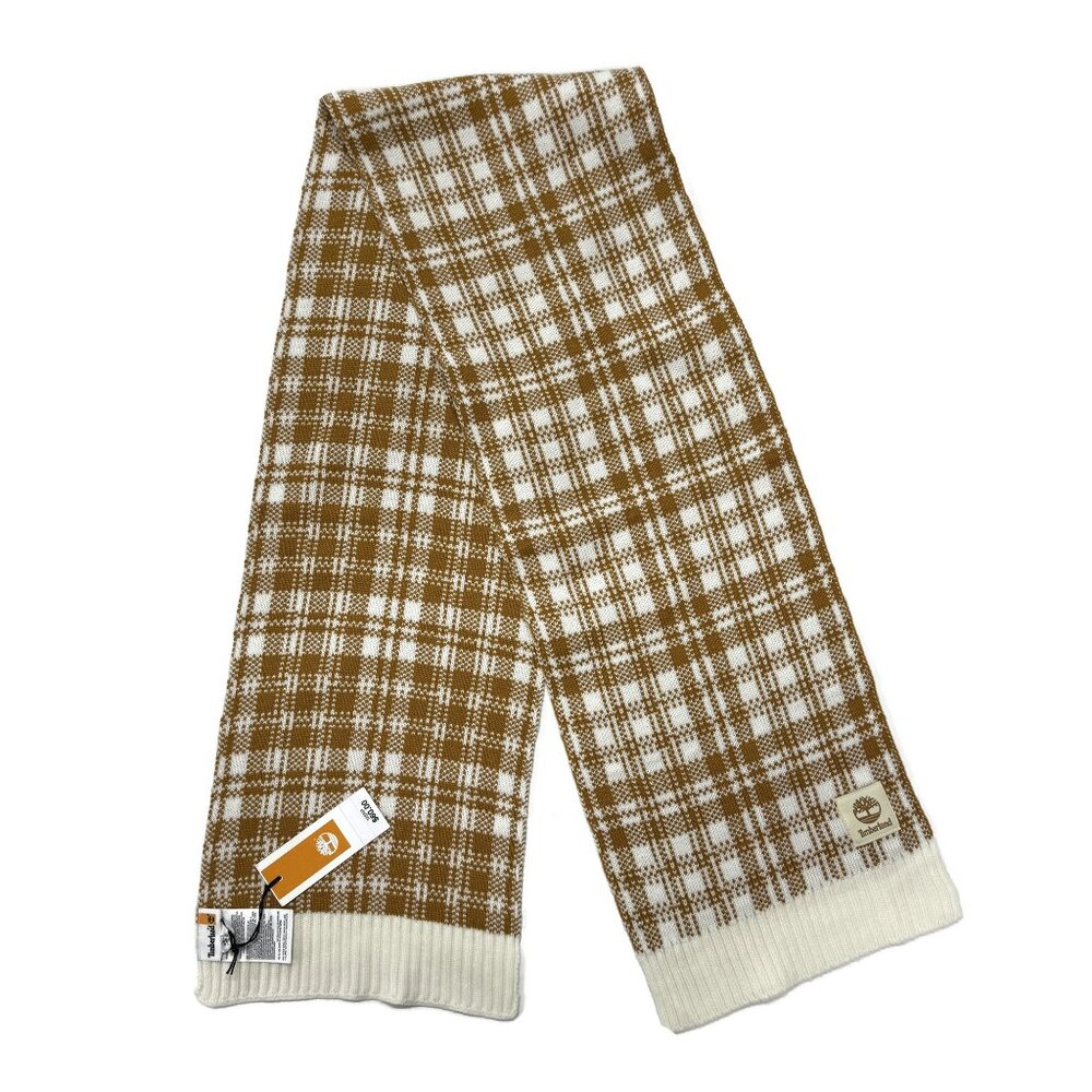 Timberland Winter Plaid Scarf Wrap Shawl New Acrylic Brown White 10 x 62 NWT New